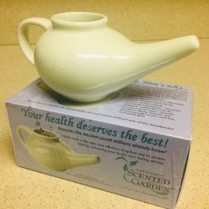 Neti pot from Scented Garden. No hollow handle, so no weird places you can't clean that grows funk.